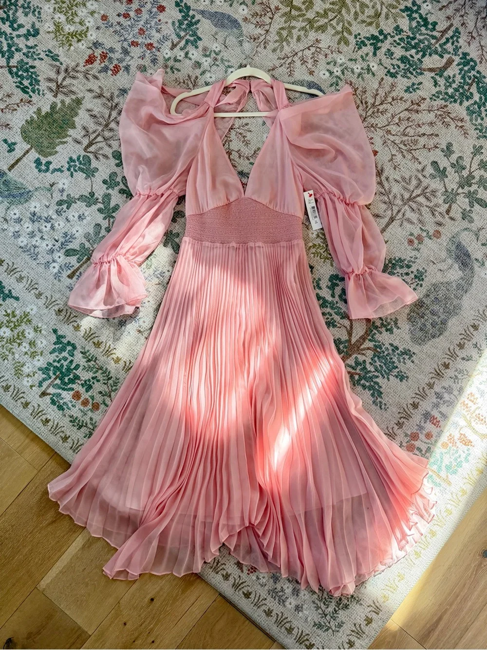 NEW Alice + Olivia Pink Dress Pleated Midi Balloon Puff Jasmine Sleeve, Small